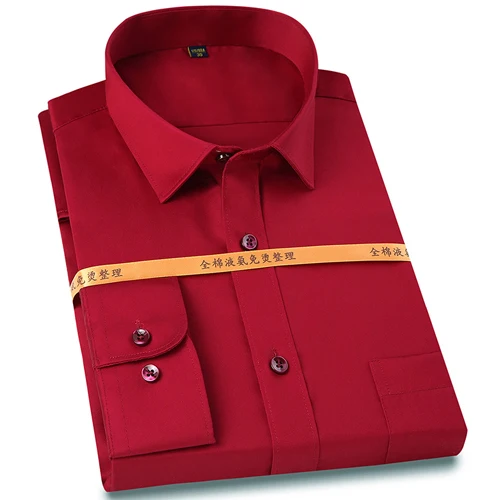 Мужская классическая рубашка без железа, одноцветная рубашка, с одним накладным карманом, с длинным рукавом, обычная, формальная, деловая, свободная от морщин рубашка - Цвет: Красный