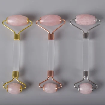 

Facial Roller Face Care Tool Massage Metal Lock Natural Rose Quartz & Rock Quartz Health Neck Eye Body SPA Acupuncture Scraping