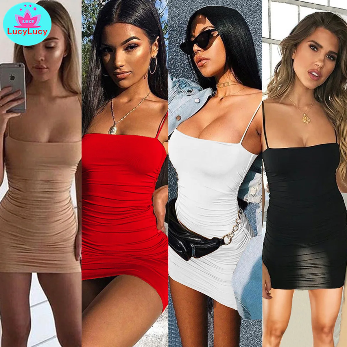 

Spring and Summer Sexy Tight Fashion Sling Ribbon Folded Button Night Club Dresses in Europe and America in 2019