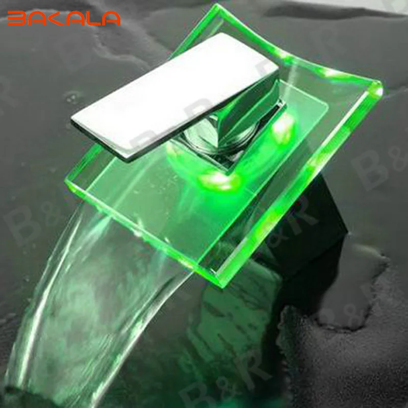 BAKALA شحن مجاني الجملة والتجزئة 3 LED تغيير لون الزجاج شلال صنبور حوض للحمام صنبور الغرور خلاط LH-8061