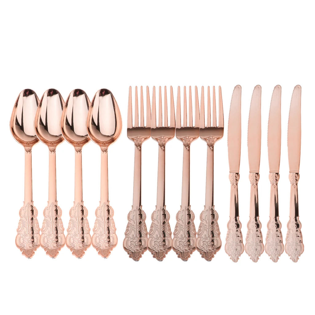 

4 Set/12Pcs Plastic Cutlery Party Fork Spoons Set Party Supply Rose Gold