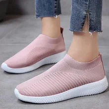 Women Shoes Plus Size Spring Sneakers Flyknit Female Vulcanized Shoes Casual Slip On Flat Shoe Mesh Soft Walking Footwear