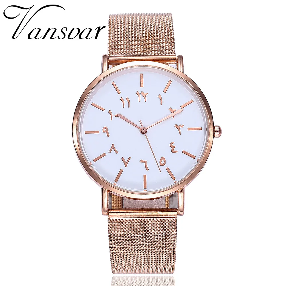 

Vansvar Silver Rose Gold Mesh Arabic Numbers Watch Fashion Casual Women Stainless Steel Quartz Wristwatches Relogio Feminino 533