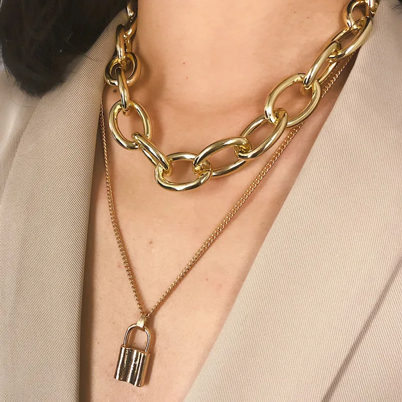 

Punk Exaggerated Creative Lock Pendant Necklace Big Thick Chain Round Hollow Multi-layer Sweater Long Necklace Fashion Jewelry