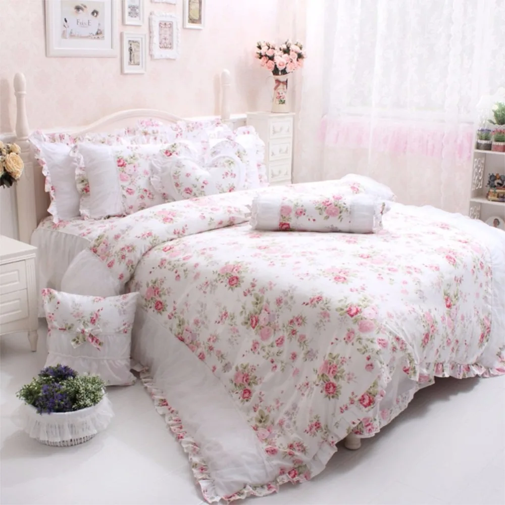 Fadfay Rainha Algodão Luxo Cama Rosa Floral Conjunto de Cama Elegante