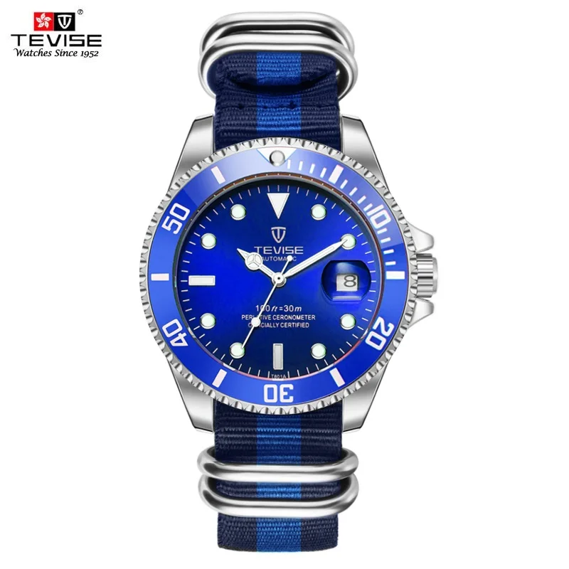 

TEVISE Blue Watch Men Canvas Strap Mens Watches Date Luminous Luxury Male Clock Automatic Self-Wind Mechanical Wristwatches 2023