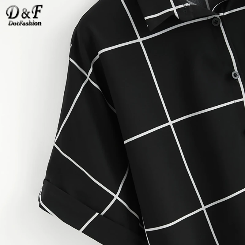  Dotfashion Black And White Cuffed Sleeve Grid Shirt 2019 Summer Casual Batwing Sleeve Placket Cloth