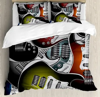 

Popstar Party Duvet Cover Set, Pile of Graphic Colorful Electric Guitars Rock Music Stringed Instruments,e 4 Piece Bedding Set