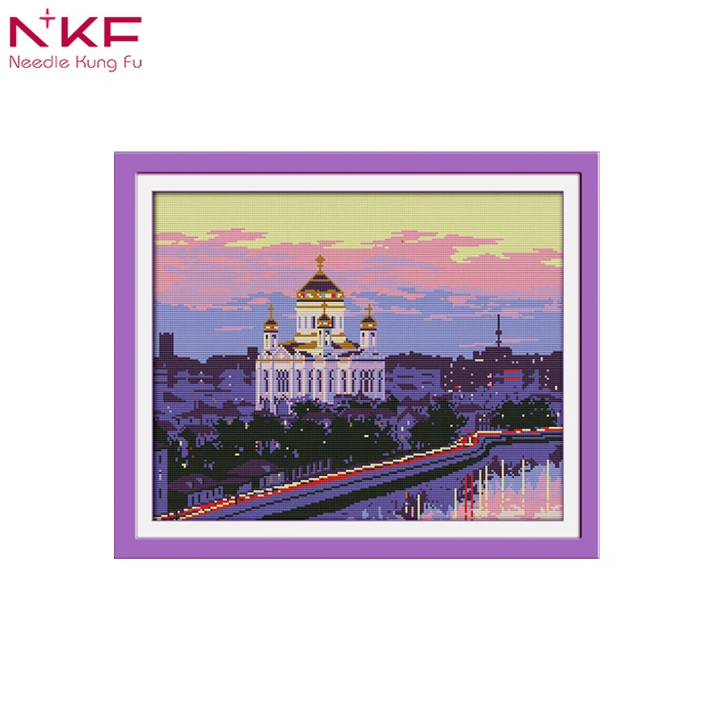 

NKF The courtyard building print pattern cross stitch diy dmc 14ct embroidered needlework set counting pattern on canvas