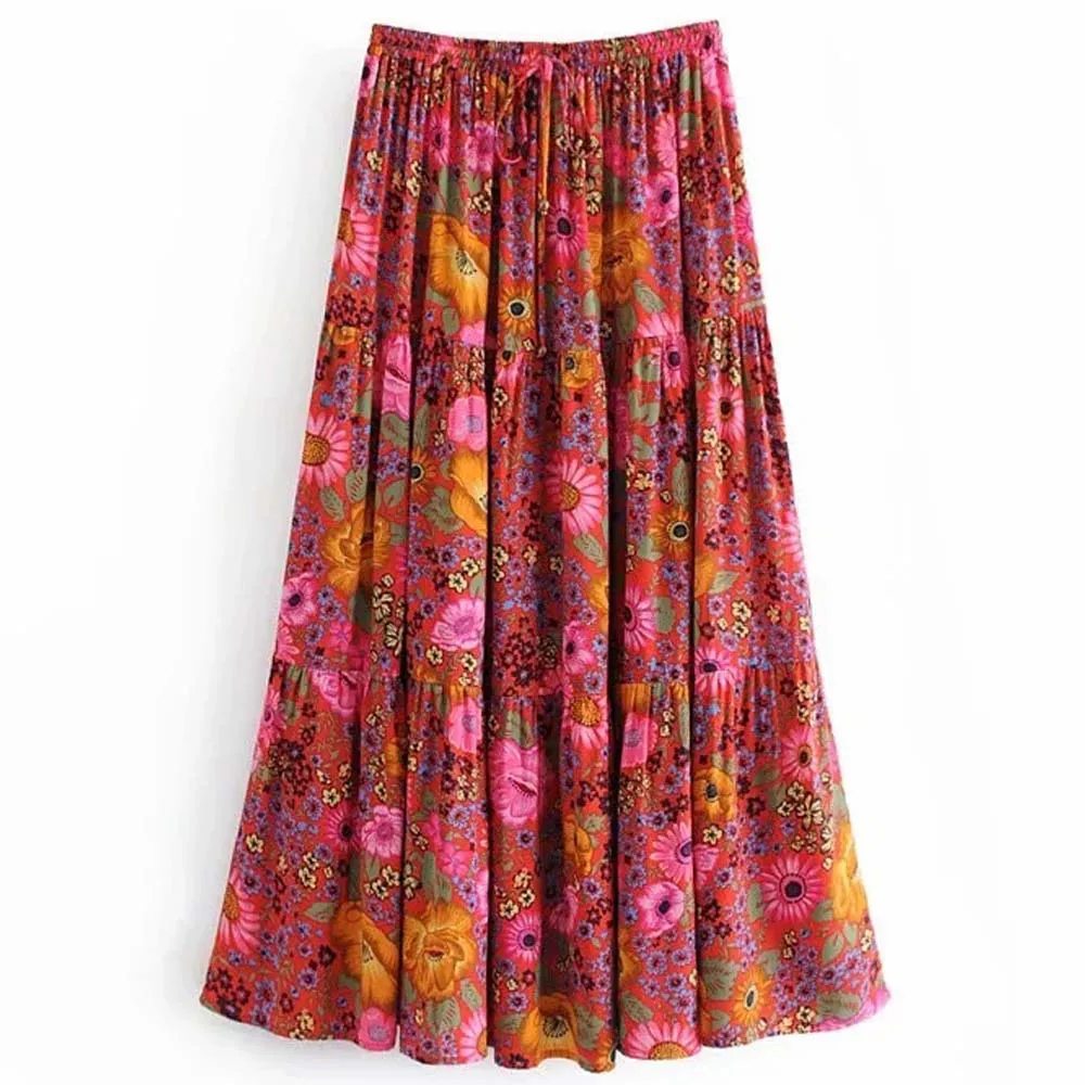

ANSFX Vintage Bohemian Colorful Daisy Floral Print Beach Holiday Lacing Up Bell Stream Elastic Waist Long Swing Pleated Skirts