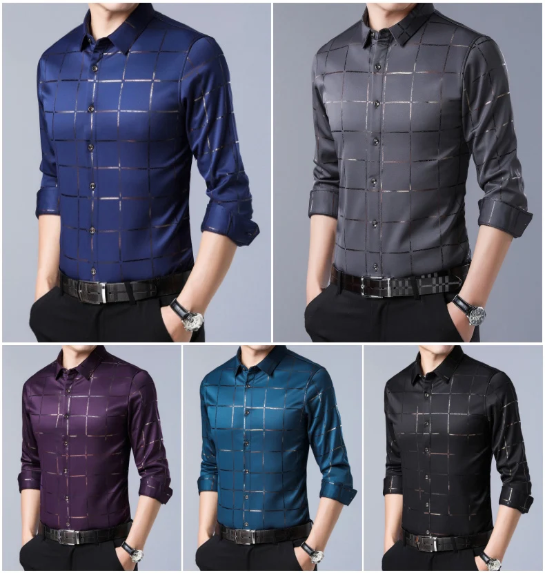 2021 Brand Casual Spring Luxury Plaid Long Sleeve Slim Fit Men Shirt Streetwear Social Dress Shirts Mens Fashions Jersey 2309