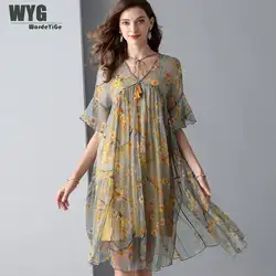 Boho Стиль свободное платье 2019 новые летние натуральный шелк желтый цветочный узор с кисточками завязки с коротким рукавом Элегантные