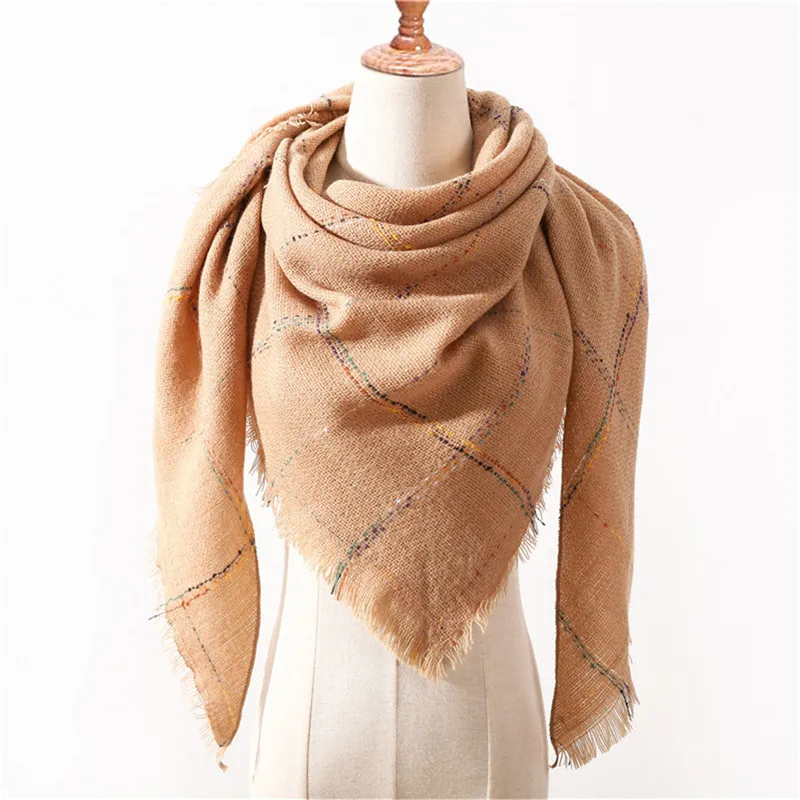 LaMaxPa осенне-зимний теплый клетчатый треугольный шарф из кашемира для женщин/дам, шерстяные Панамы, мягкие полосатые женские шали и палантины - Цвет: 15