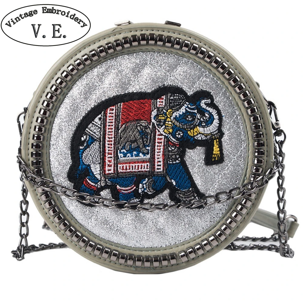 

Small Women Messenger Bags Female 2019 New Round Diagonal Cross Elephant Embroidered Chain Shoulder Bag Fashion Pu Totes Handbag