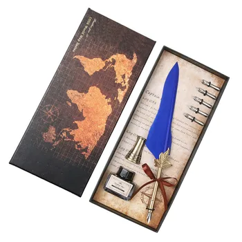 

Creative Office Supplies Vintage Feather Pen Metal Fountain Pen ink Set Gift Box Student Calligraphy Writing Pen Birthday Gift