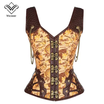 

Steampunk Corset Gothic Leather Corset Sexy Corsage Corselet Corsets Strap 12 Steel Bone Brass Chain Straitjacket Bodice