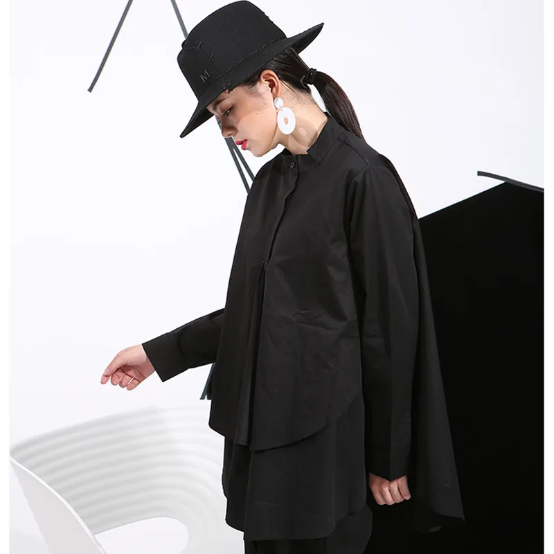  [EAM] 2020 Spring Plus Size Long Shirts Women Blouses Long-sleeve White Loose Tops Black White Cott