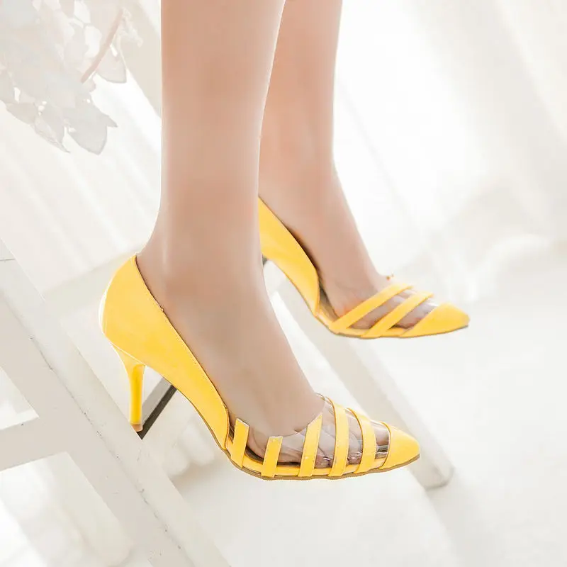 2017 Женщины Базовая Насосы Тонкие Высокие Пятки Указал Патент ног Кожа Прозрачная