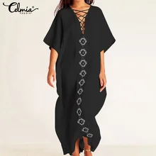 Новинка, женское сексуальное длинное платье на шнуровке с v-образным вырезом, летнее повседневное пляжное платье макси, свободное женское платье с принтом, платья размера плюс