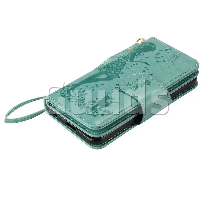 Embossing Cat Girl 9 Card Leather Wallet Case for LG X Power LS755 K220DS K220 US610 K450 - Green