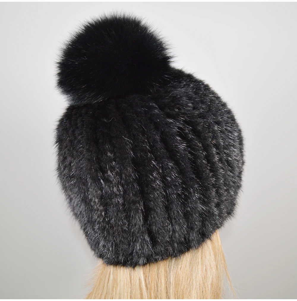 Новая Милая шапка из натурального меха норки, женские зимние вязаные настоящие шапочки с мехом норки, шапки с помпонами из лисьего меха