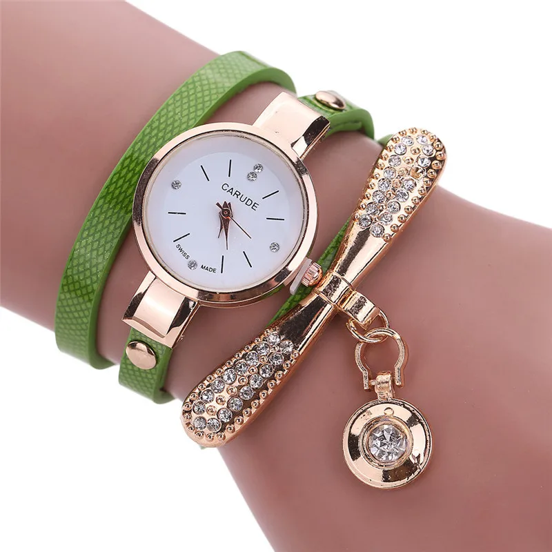 Женские часы, модные повседневные часы-браслет, женские часы, кожаный ремешок, стразы, аналоговые кварцевые часы, женские часы, Montre Femme - Цвет: Green