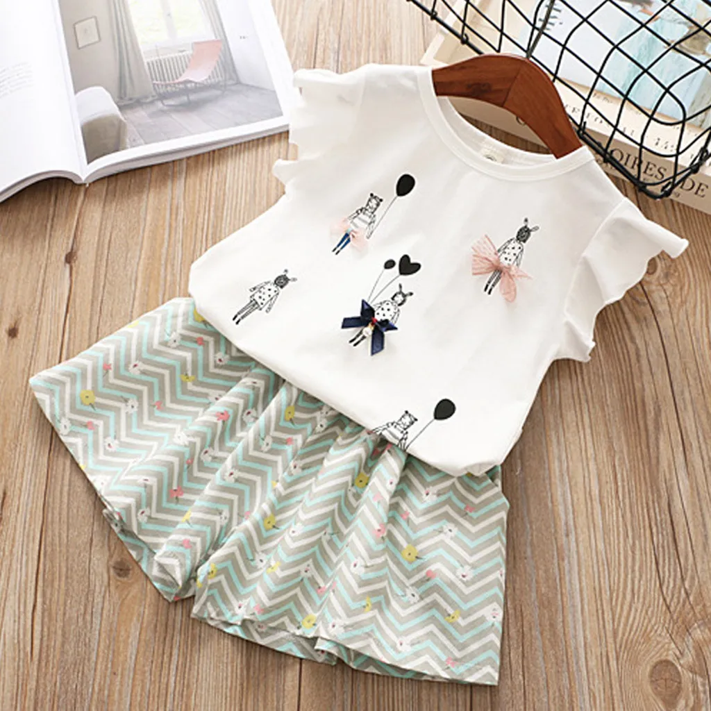 

Toddler Kids Baby Girls Outfits Clothes Cartoon Print Bowknot T-shirt+Shorts Set Kids Child Summer