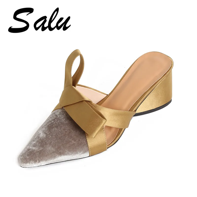 

Salu 2019 Brand Lady Women Sandals Handmade Flock Leather Thick Heel Pointed Toe Party Wedding Fashion Shoes Women