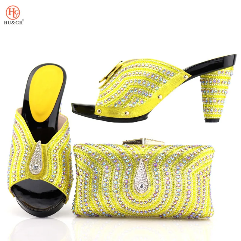 

2018 Yellow PU leather with Rhinestones African Women Shoes And Bag Set Pumps Italian Shoes With Matching Bag For Evening Party