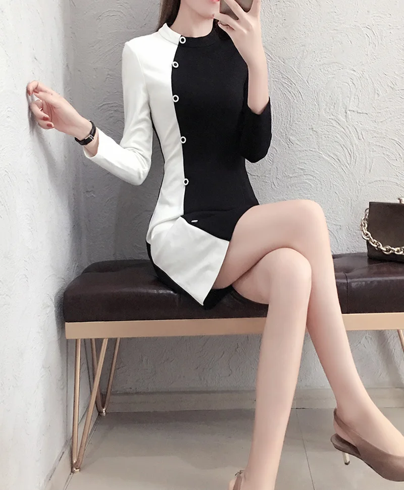 Mode Cou breasted Black De Bouton Robes Femmes A O Design Bureau Z788 Conception Court Unique Bloc Couleur ligne Single U7xnEffw