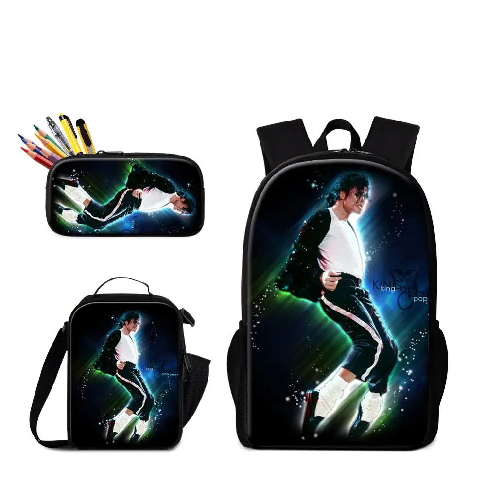 

SuperStar Michael Jackson Pattern College High School Backpack Sets 3PC Set LunchBagPencilPurse Zippered Schoolbag For Childrens