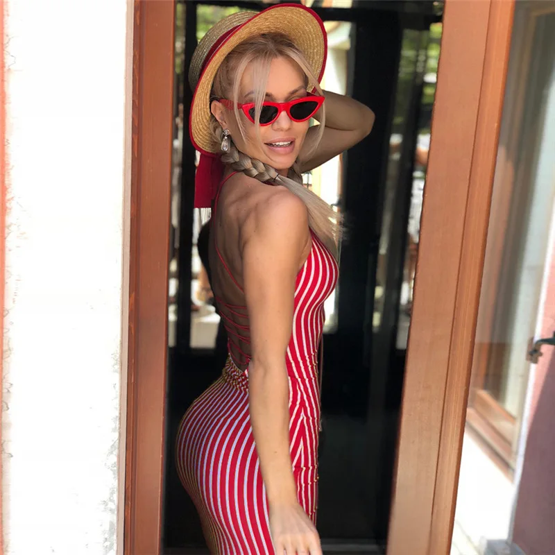 

BKLD Halter Sexy Summer Beach Dress 2018 New Red Striped Sleeveless Backless Midi Party Dress Women Lace Up Sheath Bodycon Dress