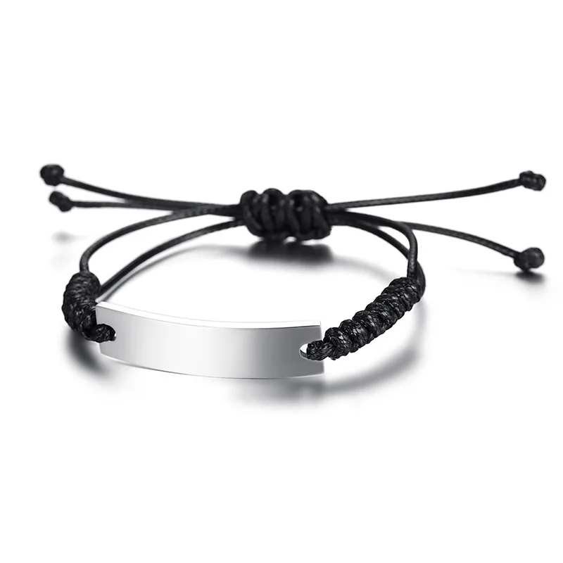 Adjustable String Rope Bracelet Free Custom Engraving Silver Curved Bar Bracelet with Black Rope