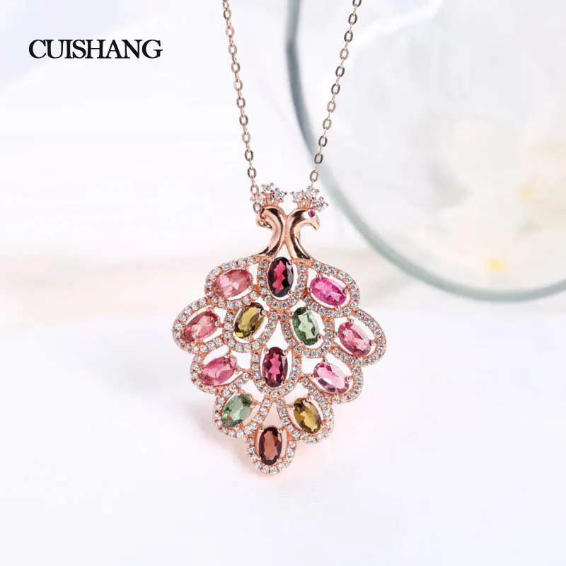 

CSJ Cute Peacock 925 Sterling Silver Fine Jewelry pendants Natural Multicolor Tourmaline fine wedding Engagment for women