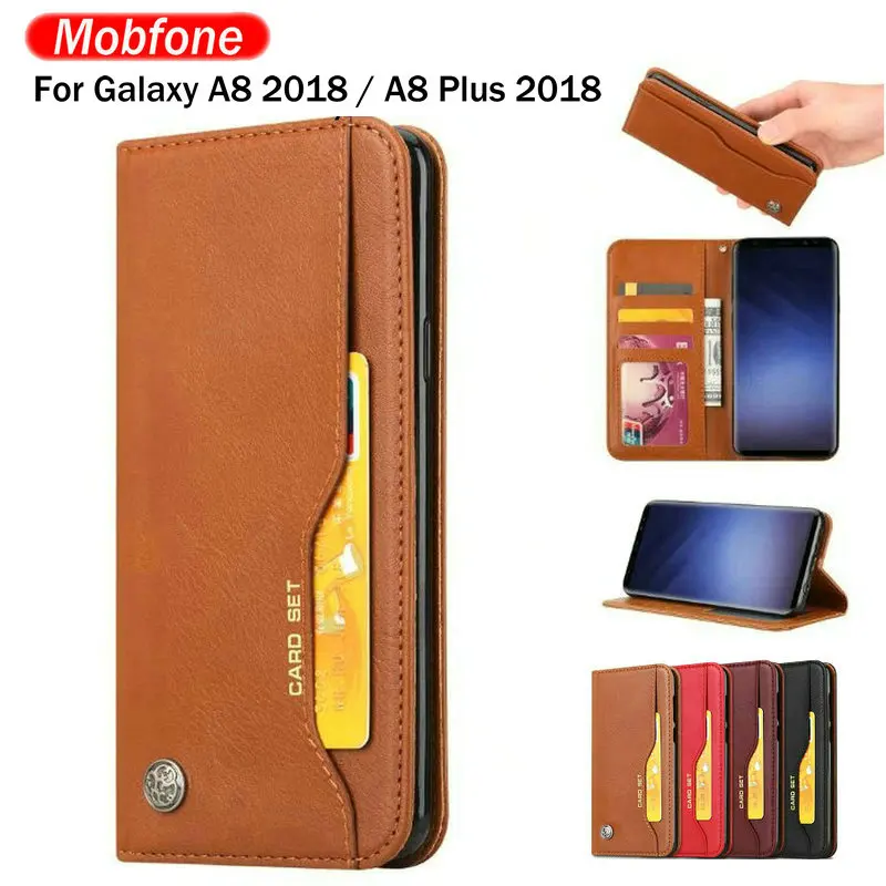  GalaxyA8 Plus 2018 case  Mobfone Wallet Luxury PU Skin Flip Magnet Stand Cover for Samsung Galaxy A