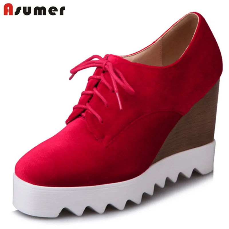 Asumer Flock lace-up wedges shoes super heels women pumps single shoes solid fashion comfortable four seasons shoes