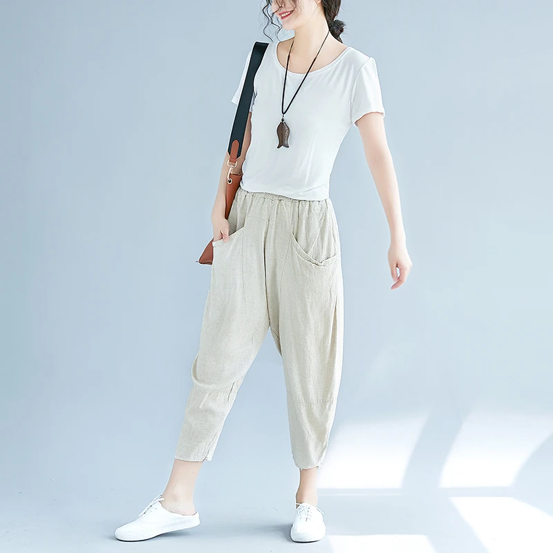 Pantalones Femme 2019 Cotton Linen Harem Pants Women Pocket Elastic High Waist Casual Spring Summer Trousers Women Radish Pants 6