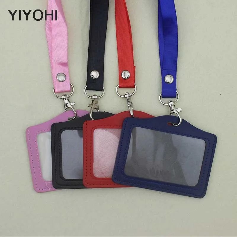 

YIYOHI Name Credit Card Holders Women Men PU Bank Card Neck Strap Card Bus ID holders candy colors Identity badge with lanyard