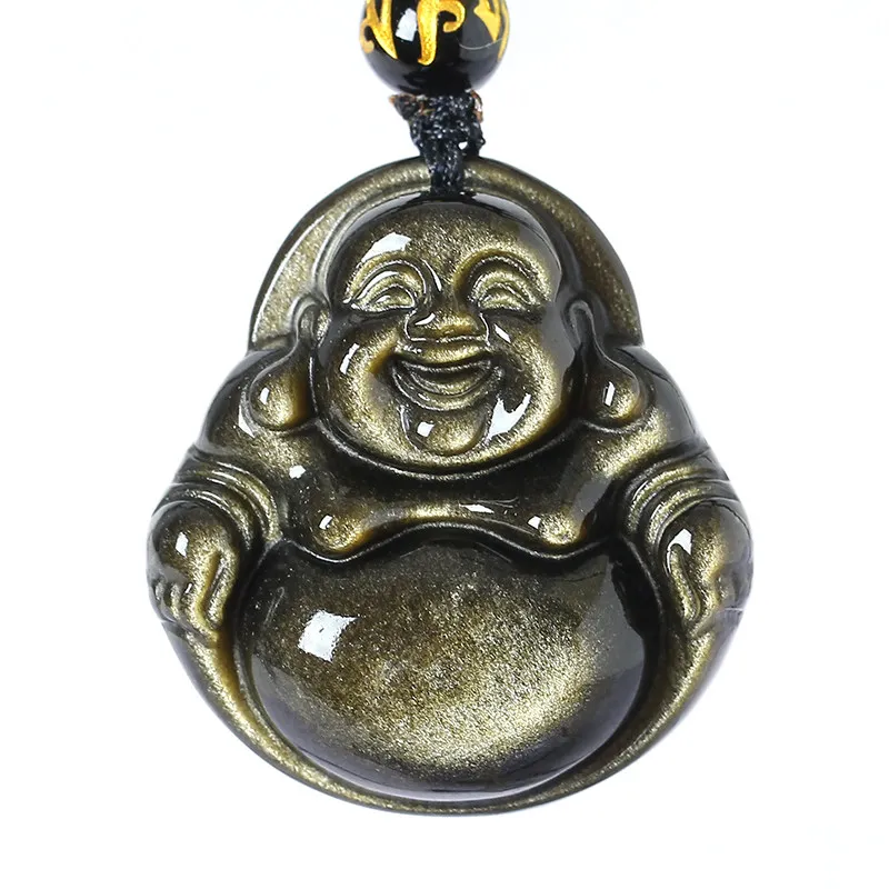 Natural Stone Men Pendant Obsidian Gold Big Belly Laughing Buddha Long Wholesale Pendant Jewelry Necklace For Women