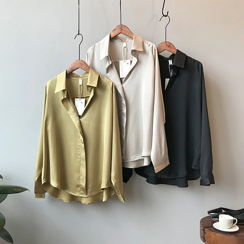 

HLHPYHB Summer Femme Green Satins Shirts Casual Blusas Clothes Office Lady Long Sleeve Turn-down Collar Blouse Korean Cardigan