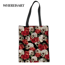 WHEREISART крутая многоразовая хозяйственная сумка с черепом большая продуктовая женская сумка-тоут экологический холст сумки на плечо Складная Сумка-тоут льняная