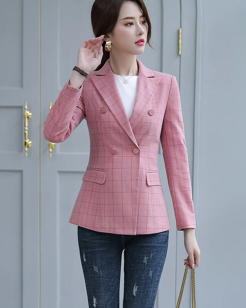 Women Pant Suit Two Pieces Set Size S-5XL Pink Brown Plaid Jacket Blazer With Plaid Trouser Sets Casual Fashion Suits