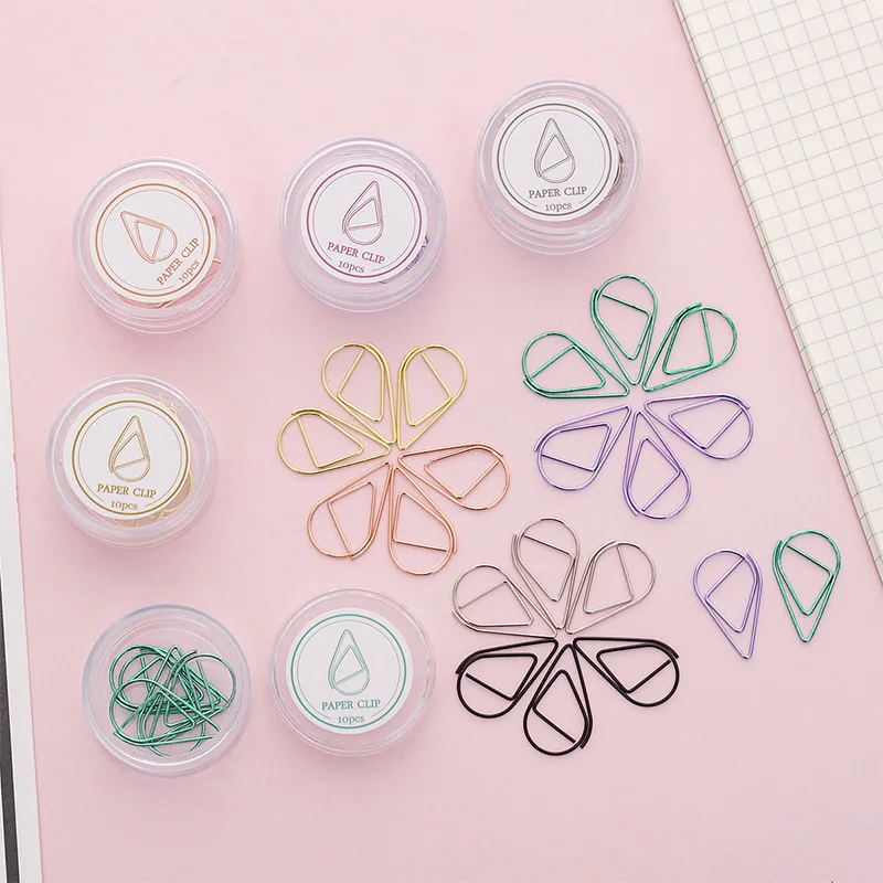 

10pcs/Box Metal Water Drops Shape Memo Paper Clips Rose Gold Green Gold Bookmark Office School Stationery Marking Clips