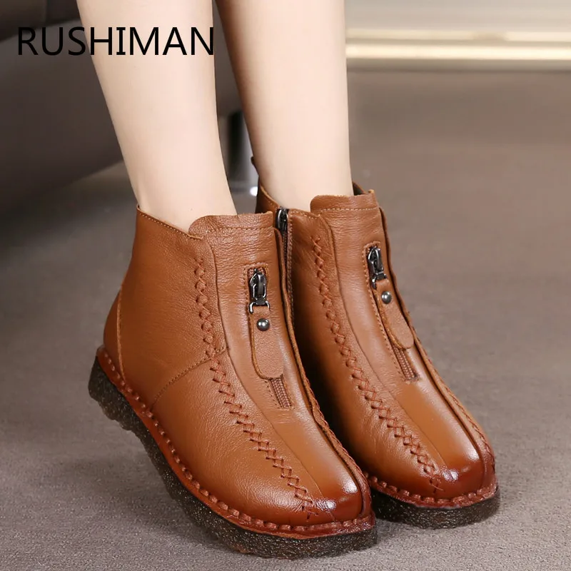 

RUSHIMAN 2018 Winter New National Style Retro hand leather boots Soft bottom with large size suede Middle Old Girl Cotton Boots