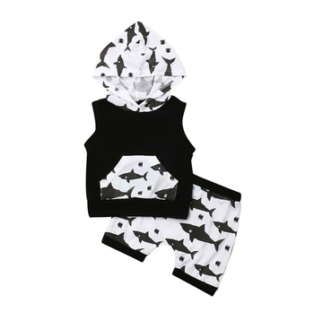 

Newborn Toddler Baby Boys Sleeveless Shark Hoodie Tops Pants 2PCS Set Clothes New Fashion Summer Boys Out Wear