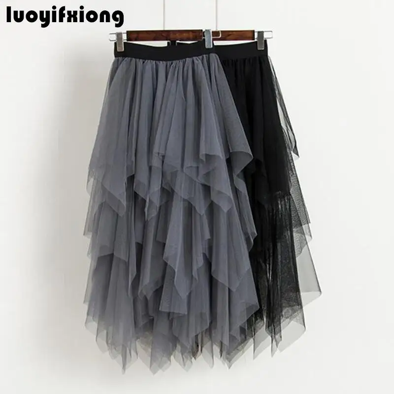 

2019 New Tulle Skirts Women High Waist Mesh Skirt Hem Asymmetrical Pleated Midi Skirt Female Black Casual Summer Women Skirt