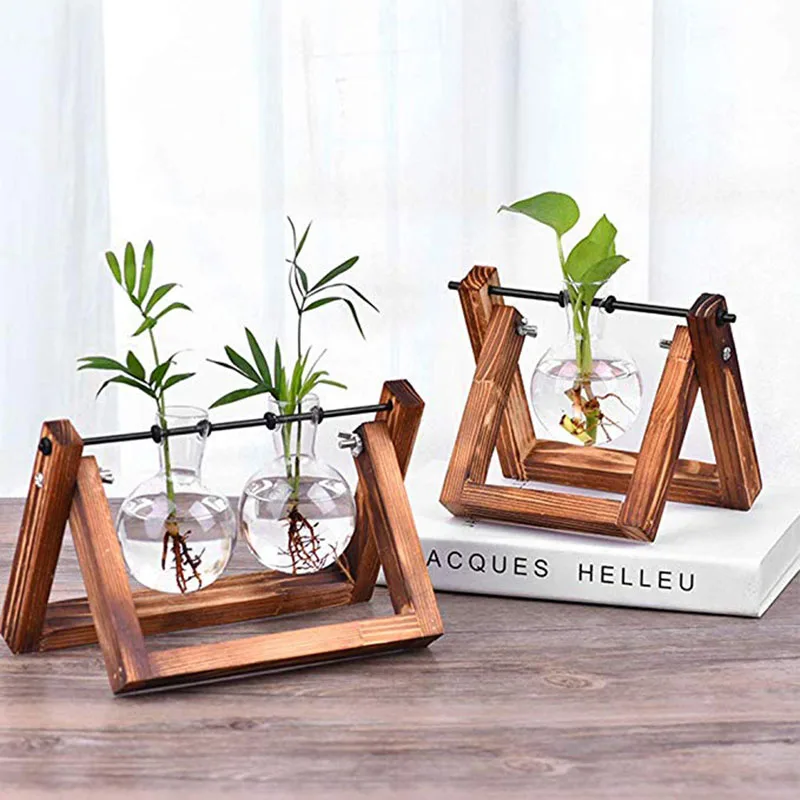 Glass Wood Planter Bulb Vase Terrarium Table Hydroponics Plant Bonsai Flower Pot Hanging Pots Home Decoration with Wooden Tray