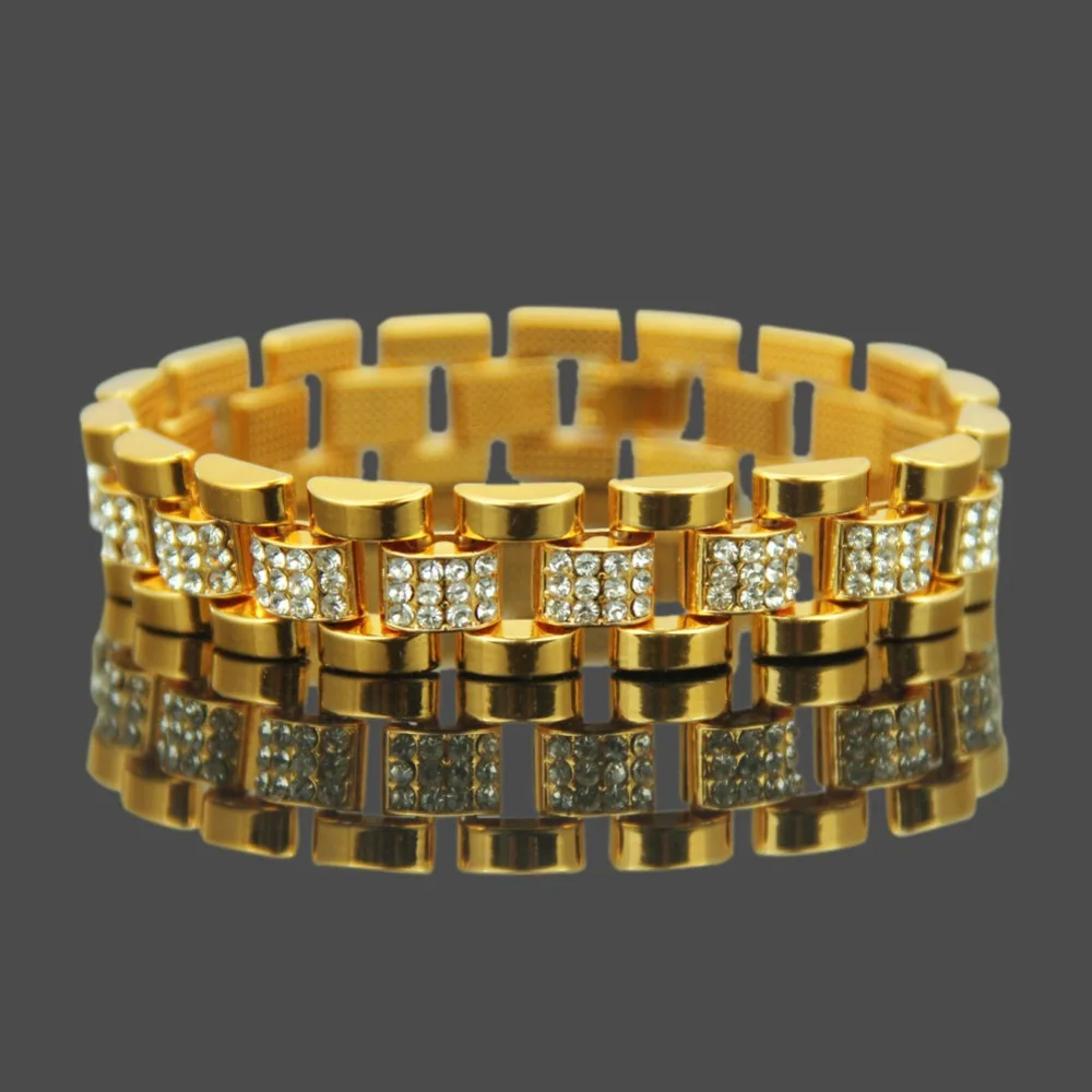 

New Style Iced Out Bling AAA Rhinestone Hip Hop Cool Watch Band Link Local Gold Bangle Men Bracelet Charm Punk Jewelry