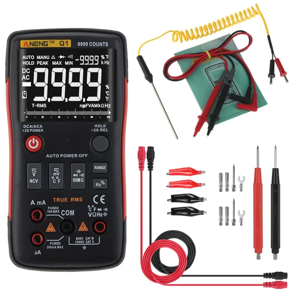 

Digital Multimeter ANENG Q1 9999 Counts True RMS Auto/Manual Range AC/DC Volt Amp Ohm Capacitance Frequency Temperature Tester