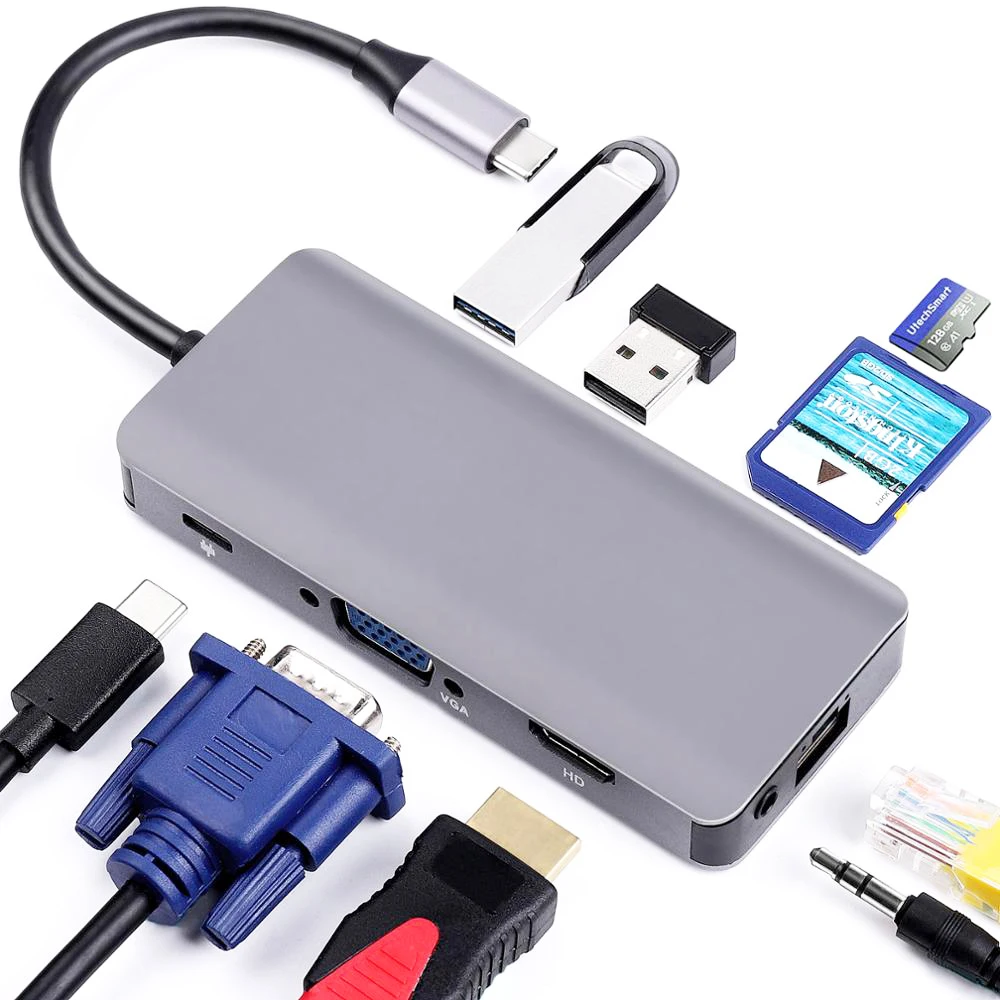 9 в 1 USB-C концентратор типа C до 3,5 мм аудио микрофон 4 к HDMI VGA RJ45 lan-адаптер с usb-разъемом 3,0 SD TF кардридер type C зарядка PD адаптер концентратор